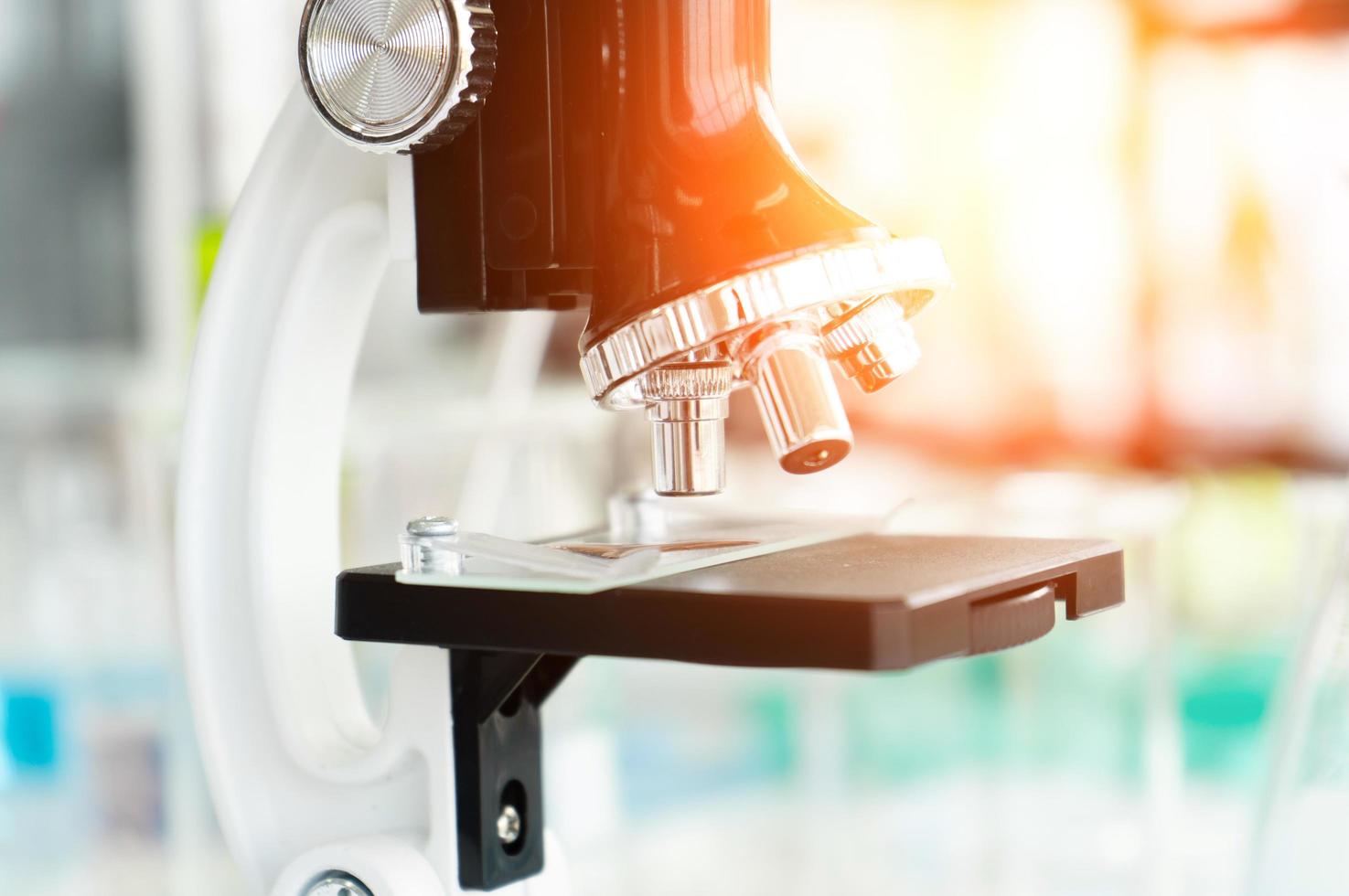 Close up of microscope at laboratory, Concept Science and Technology photo