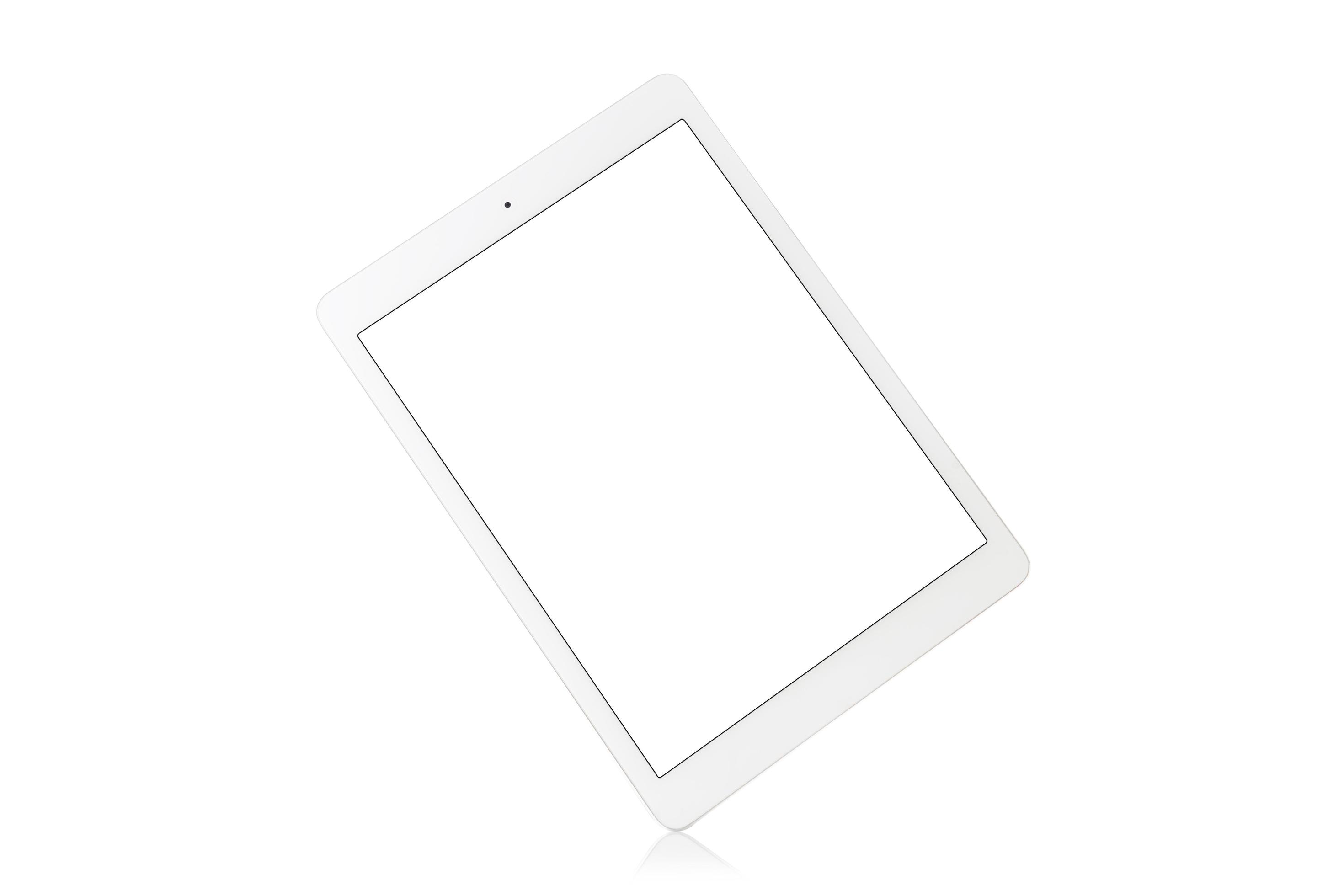 White tablet computer with blank white screen on white background
