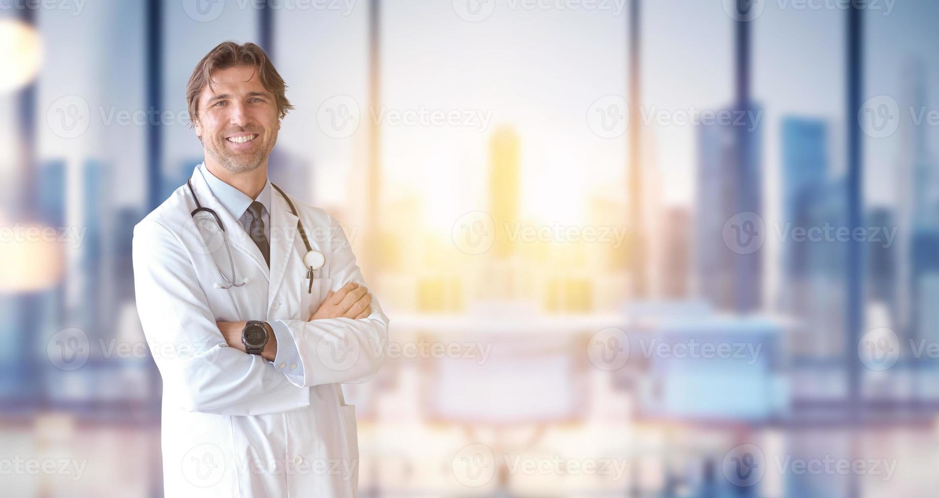 Doctor of medicine on blurred office background photo