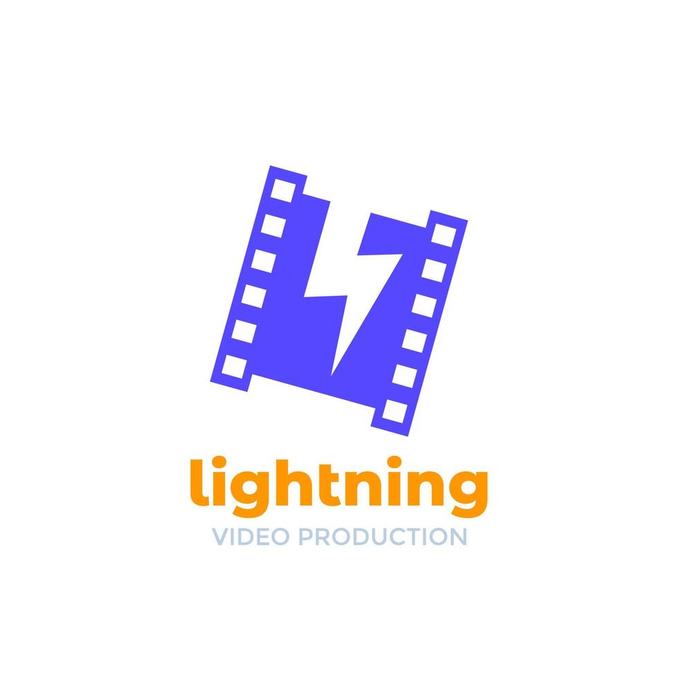 video production logo design with film strip and lightning vector