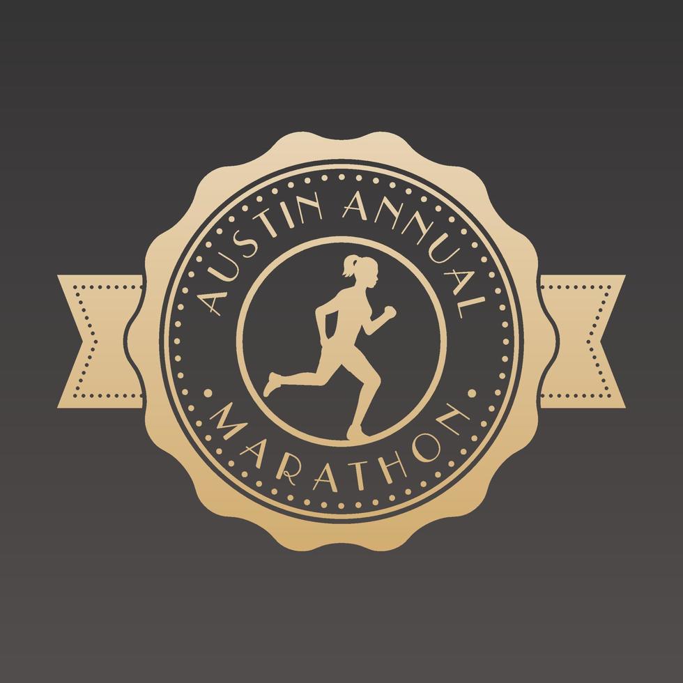 Marathon vintage emblem, badge with running girl, gold logo on dark vector