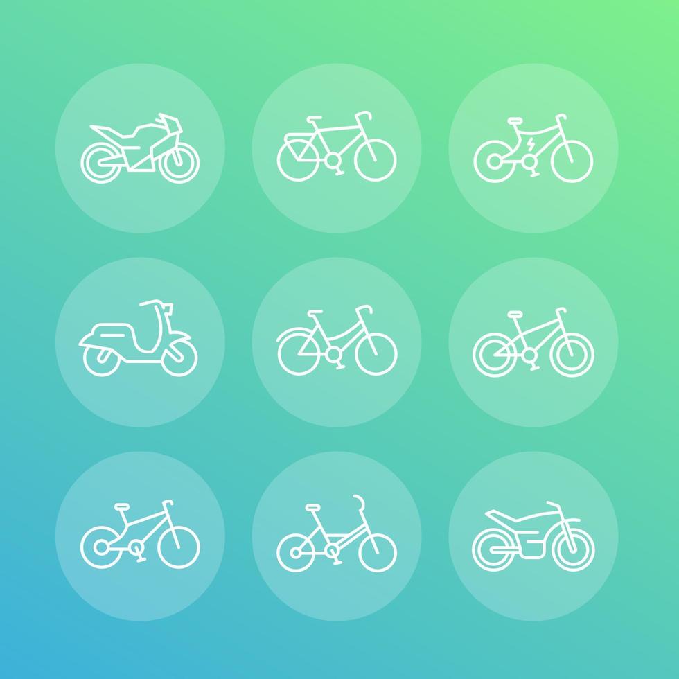 Bikes line icons set, cycling, motorcycle, motorbike, electric bicycle, fat bike, scooter, vector illustration