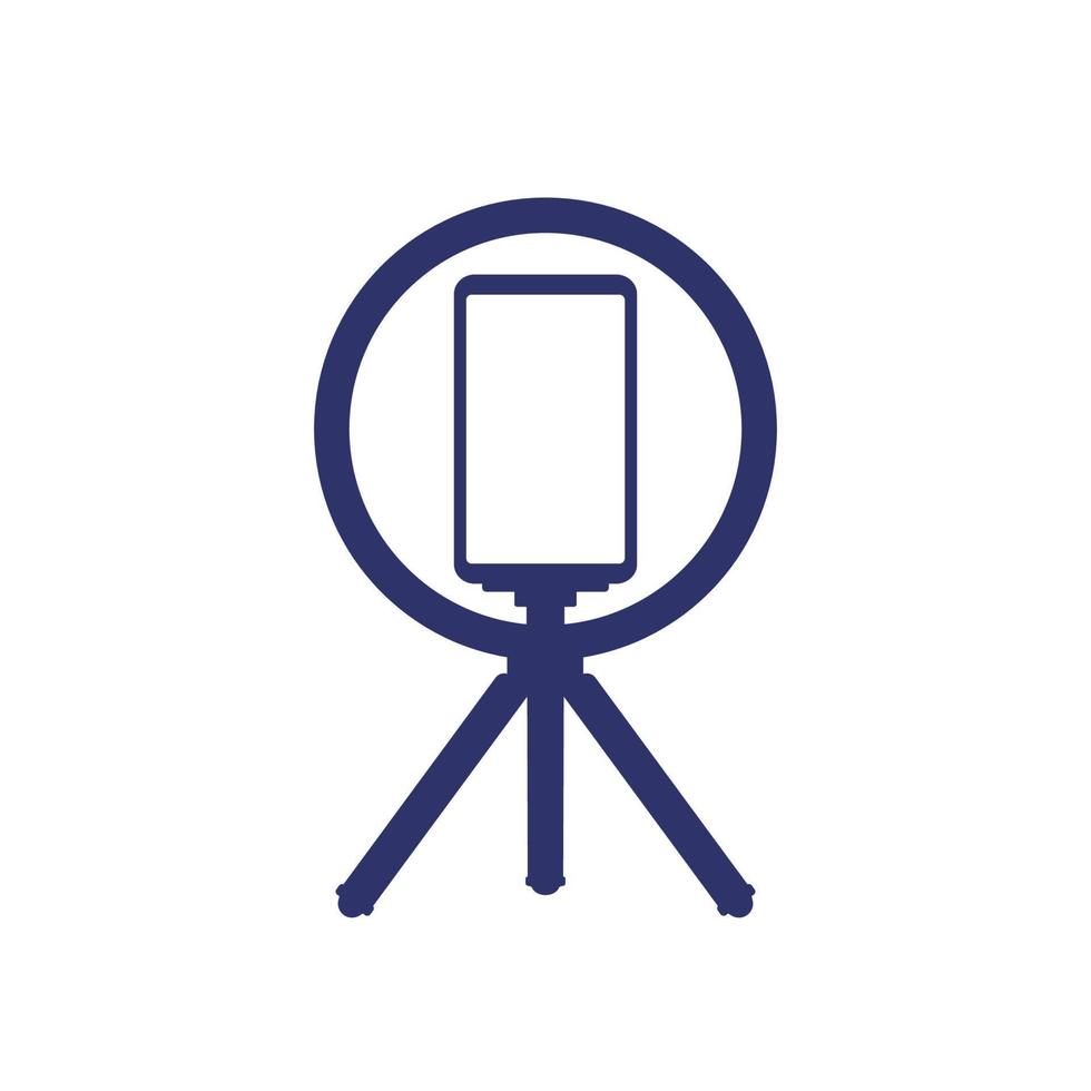 phone on tripod with ring light, vlog recording icon on white vector