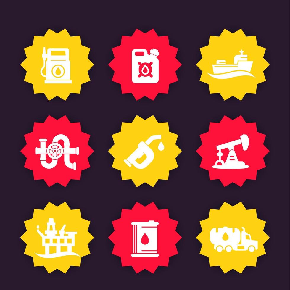 conjunto de iconos de la industria del petróleo, gasolinera, gasolina, plataforma de producción de petróleo, bote de gasolina, barril, oleoducto vector