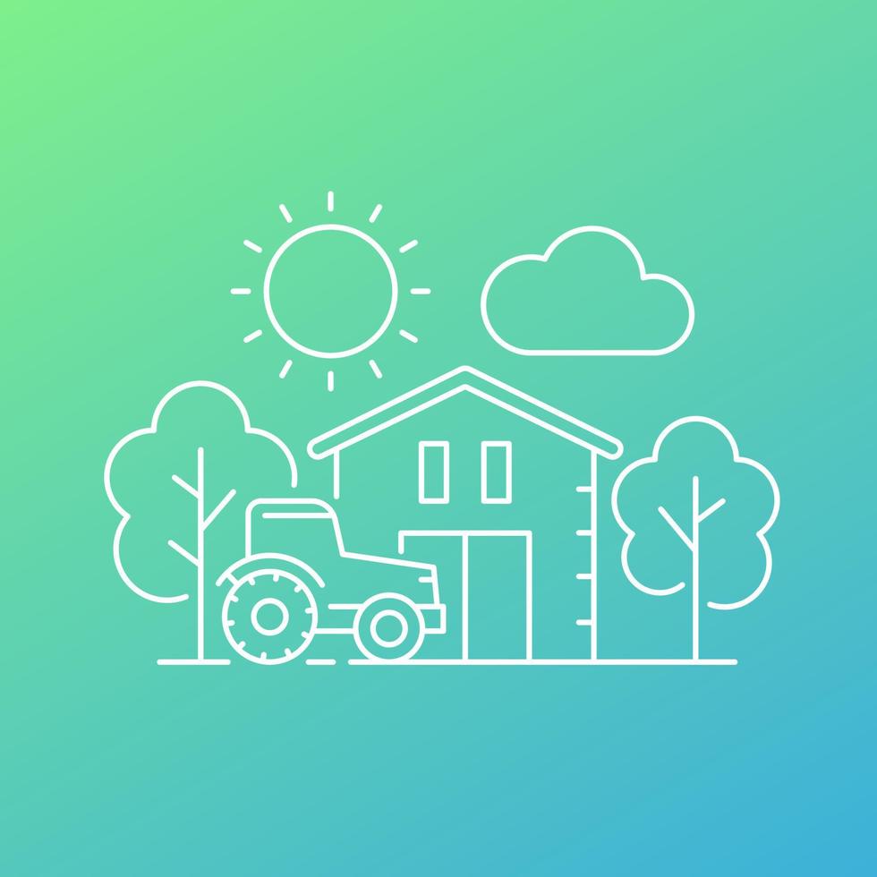 tractor at a barn, farm line vector illustration