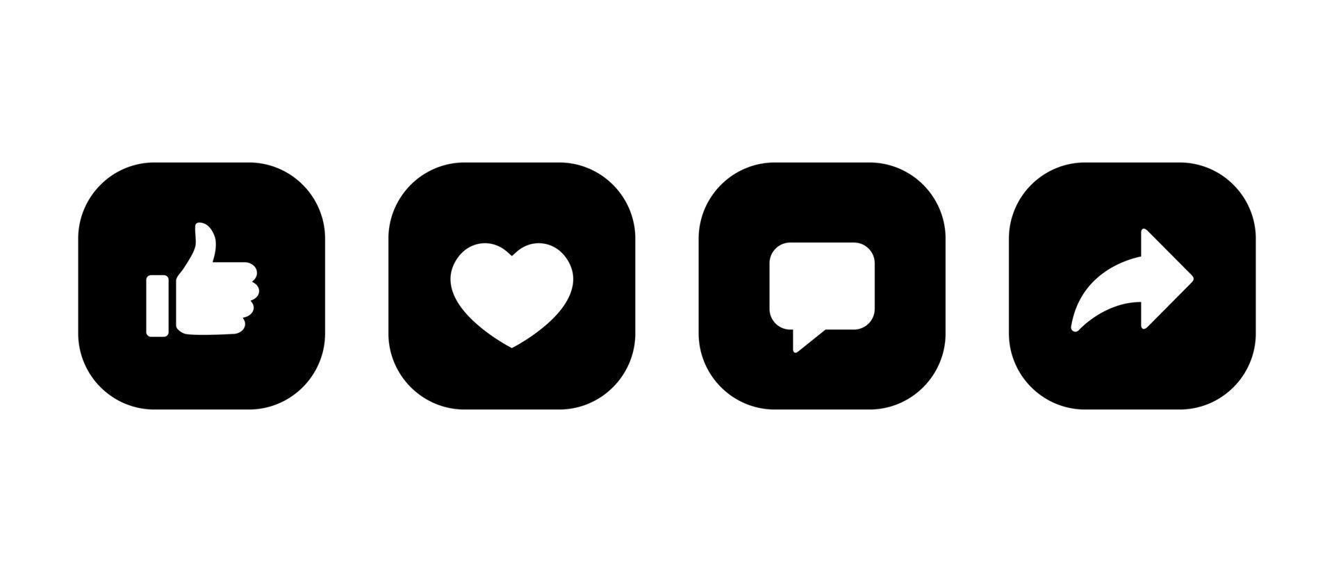 Like, love, comment, and share icon vector on square button. Social media elements