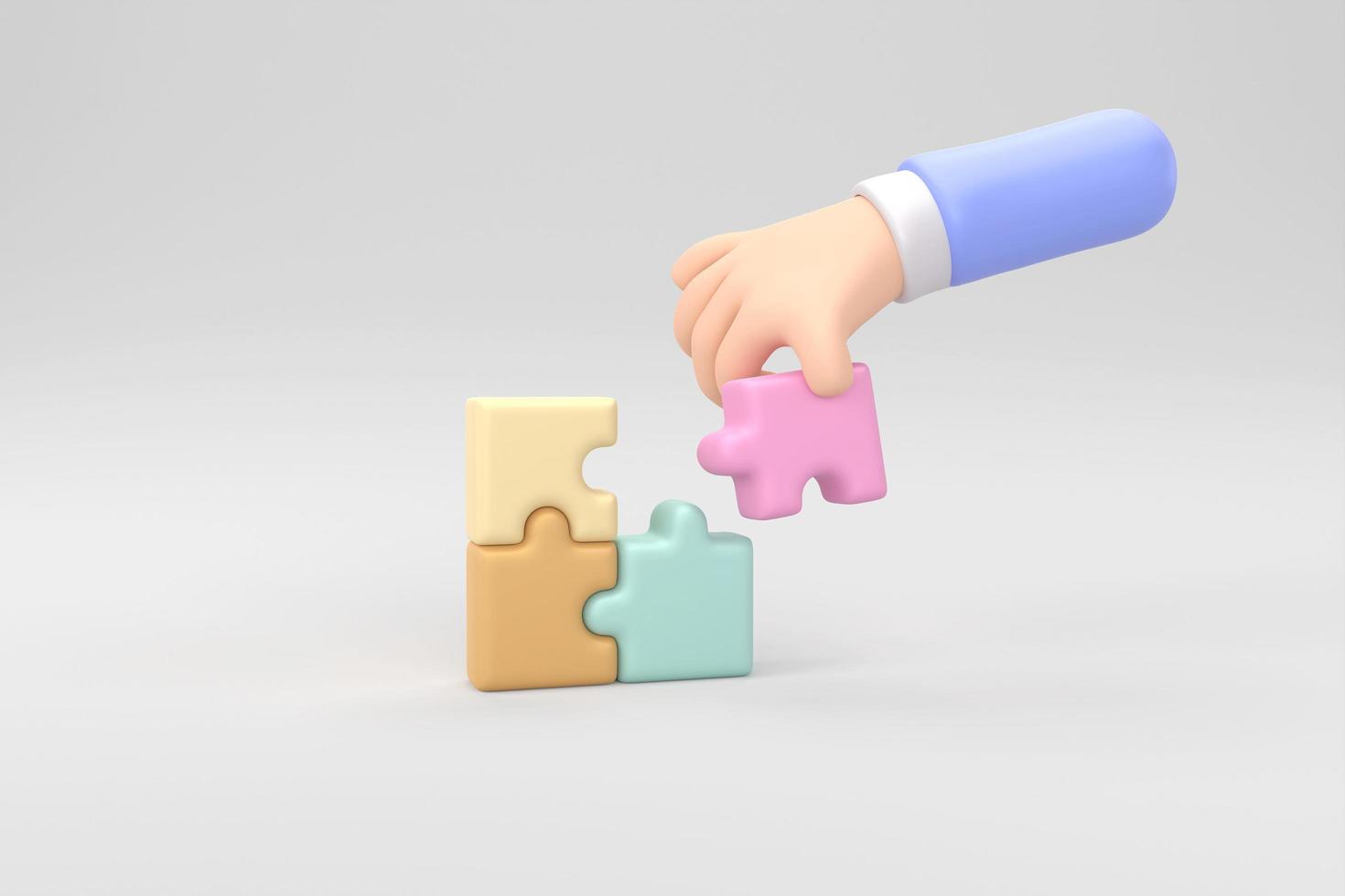 3d cartoon hands connecting jigsaw puzzle. Symbol of teamwork, cooperation, partnership, Problem-solving, business concept. minimal style. 3d rendering photo