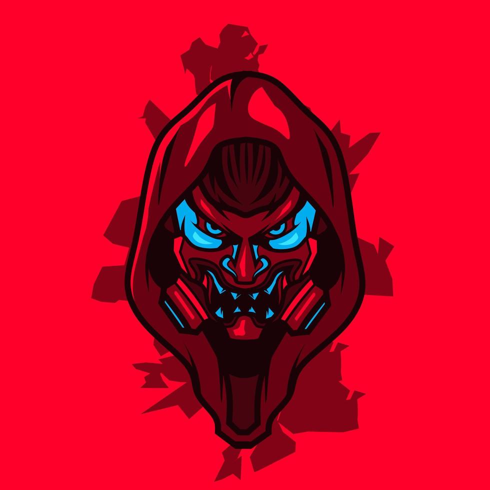 samurai head cyberpunk logo vector ficción colorido diseño ilustración con fondo rojo.