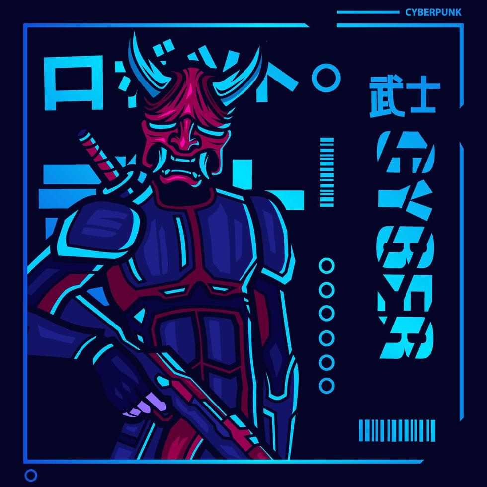 Samurai cyberpunk fiction character vector. Colorful t-shirt design illustration. Translation Robot Samurai Robot. vector