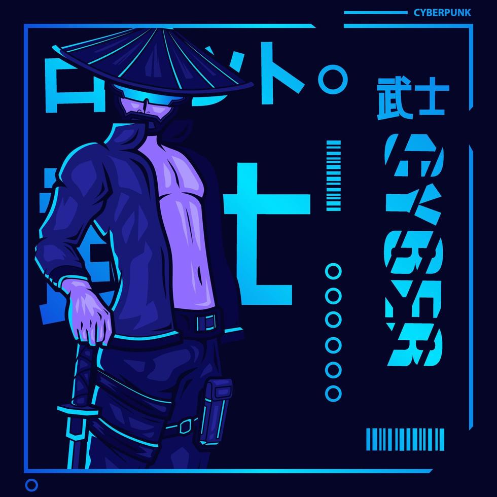 Samurai cyberpunk fiction character vector. Colorful t-shirt design illustration. Translation Robot Samurai Robot. vector
