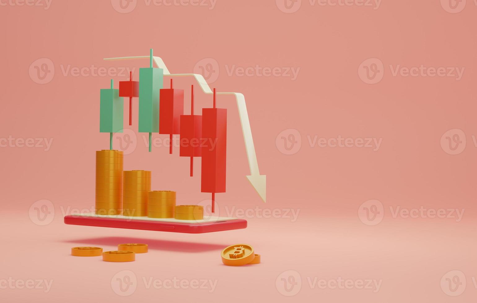 Arrow with red candlestick downward and bitcoin coin price decline on smartphone. photo