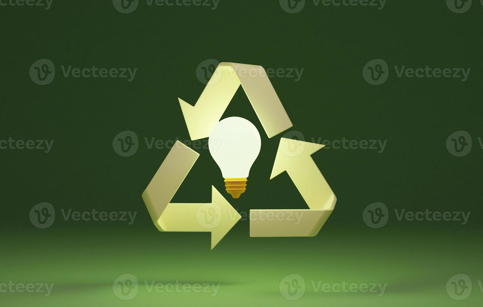 Light bulb centered on dark green background recycle icon. photo