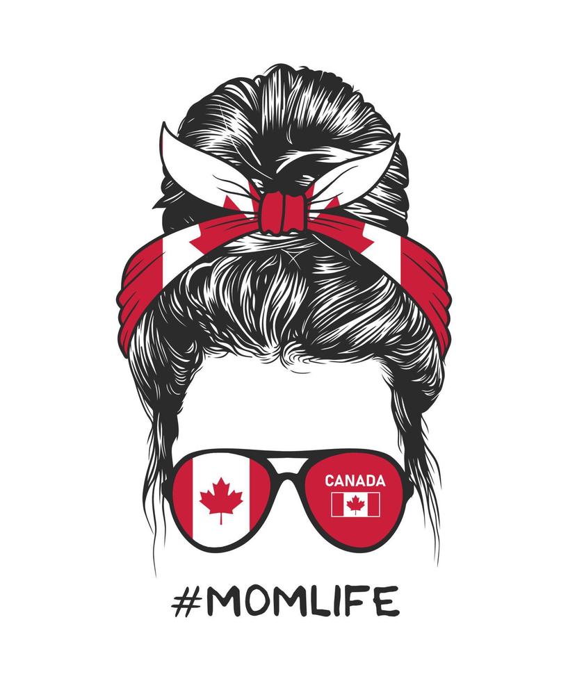 Messy bun hairstyle with Canadian flag headband and glasses, vector illustration