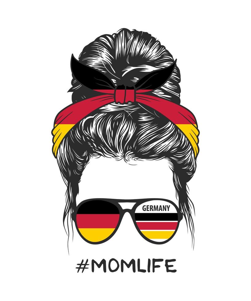 Messy bun hairstyle with German flag headband and glasses, vector illustration