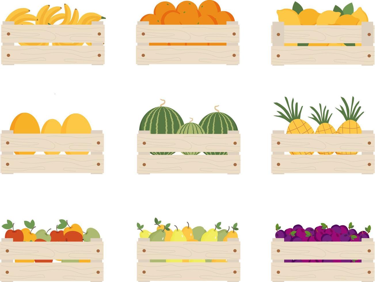 Set of different fruits in wooden boxes. Banana, orange, lemon, melon, water melon, pineapple, apple, pear, plum in boxes. Seasonal fruits, organic food, harvest. Vector illustration.