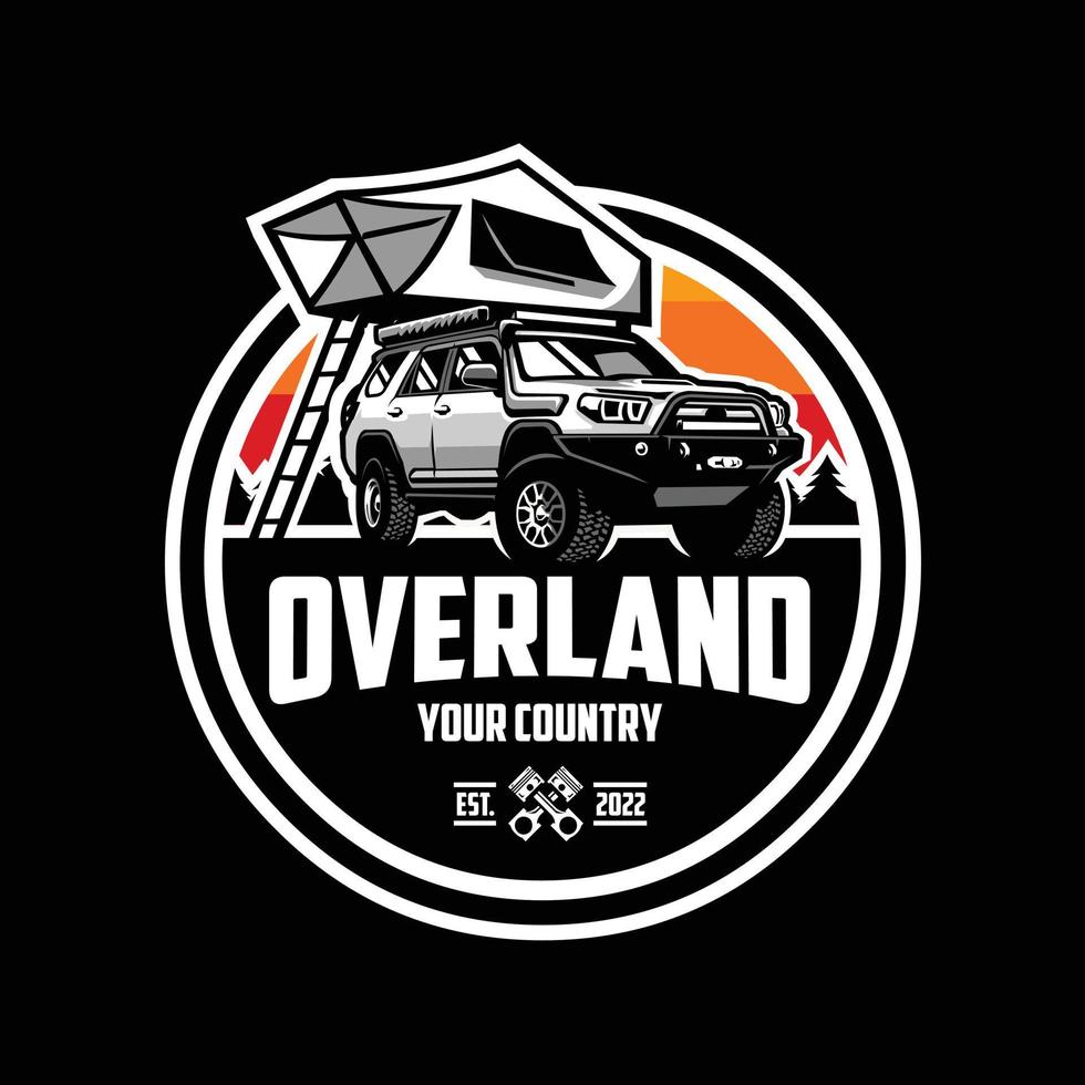 premium overland camper truck círculo emblema insignia vector aislado