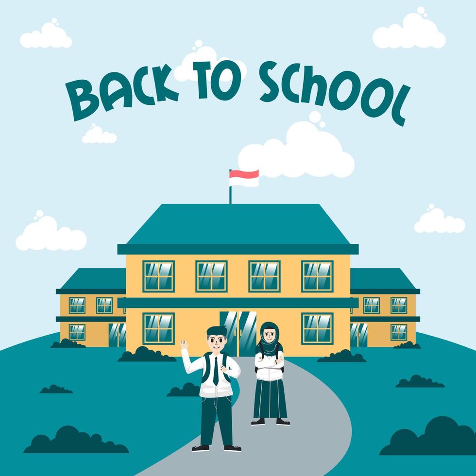 Back to school poster students in front of the school vector illustration template design