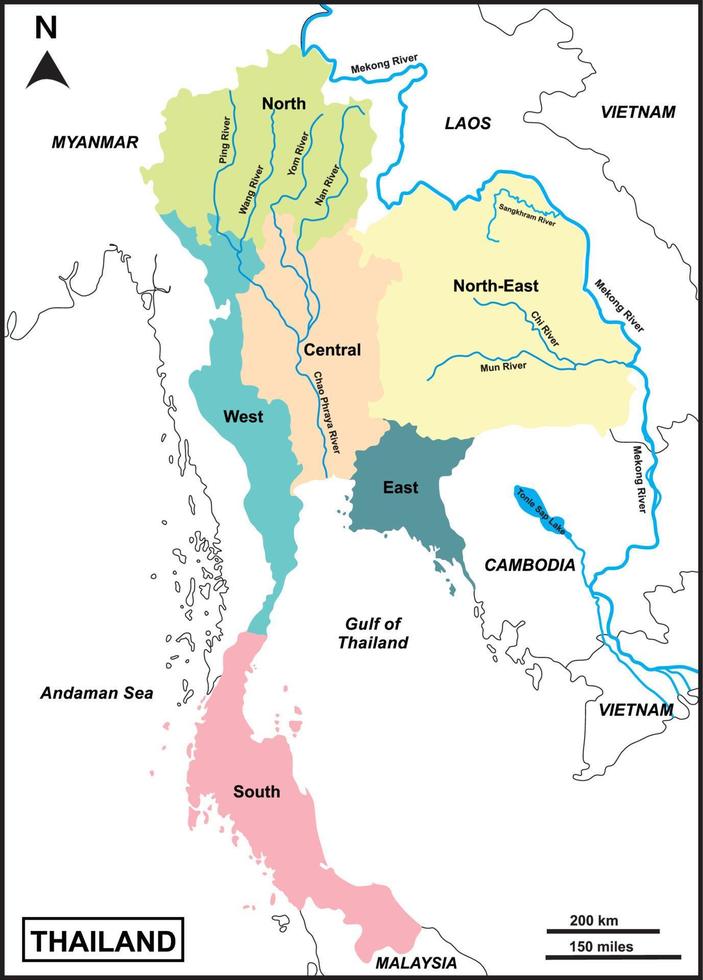 el mapa de tailandia incluye las regiones río mekong, mun, chi, chao phraya, ping, wang, yum, río nan, países fronterizos myanmar, laos, camboya, vietnam, golfo de tailandia y mar de andaman. mapa vectorial vector