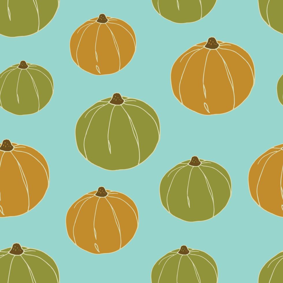 Seamless orange and green pumpkin with light blue background. Vector