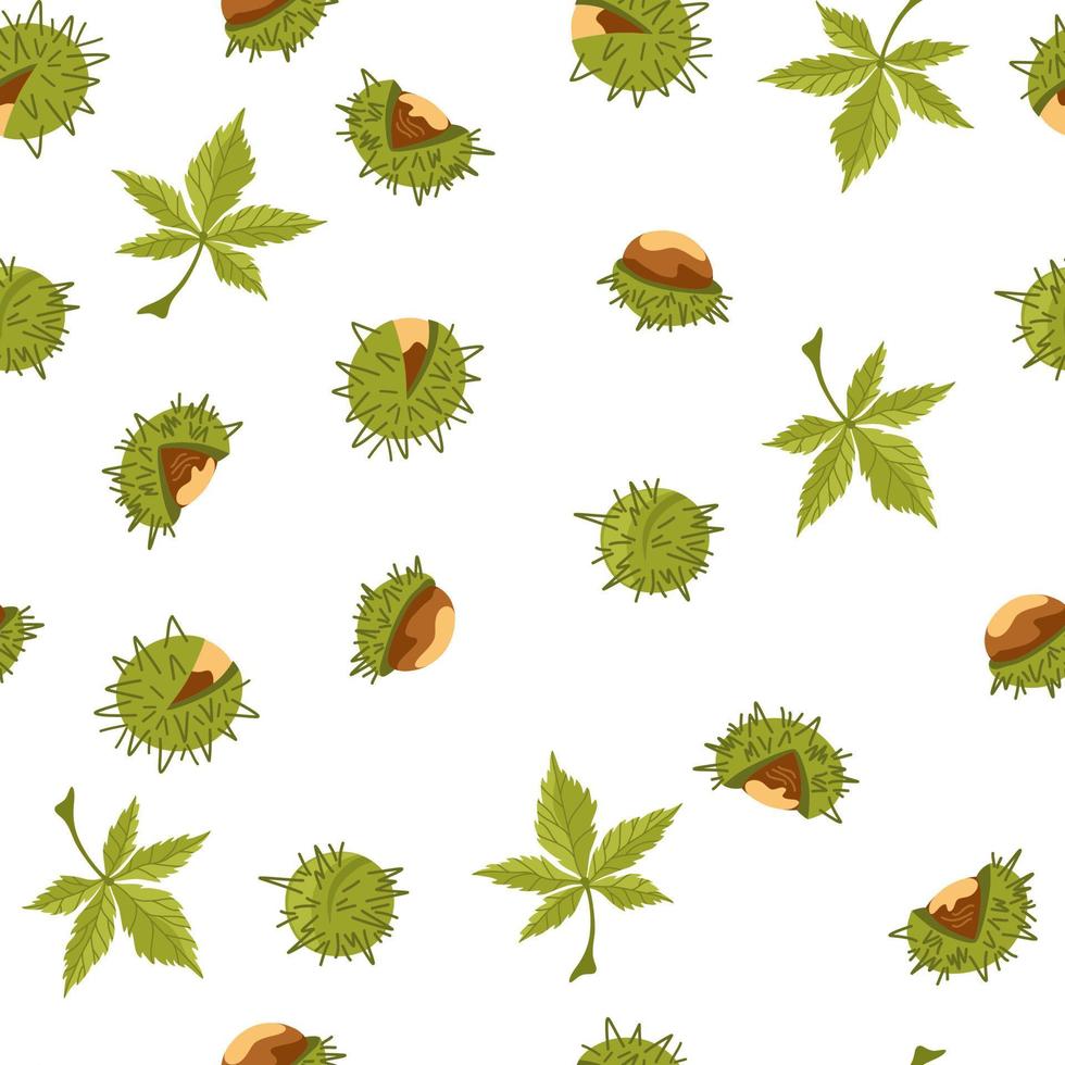 Chestnut seamless pattern. chestnut tree leaves, fruits, seeds. Autumn. Horse chestnut background. Perfect for texture for fabric, textile, wrapping paper, wallpaper. Vector