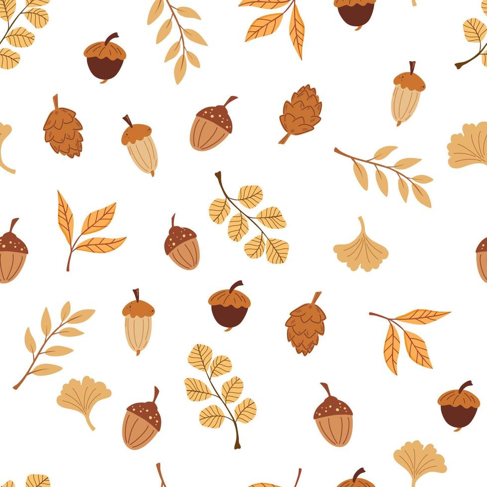 Seamless pattern with acorns. Autumn background. Stylized oak leaves and acorns. Perfect for wallpaper, gift paper, pattern fill, web page background, autumn greeting cards. Cartoon vector texture.