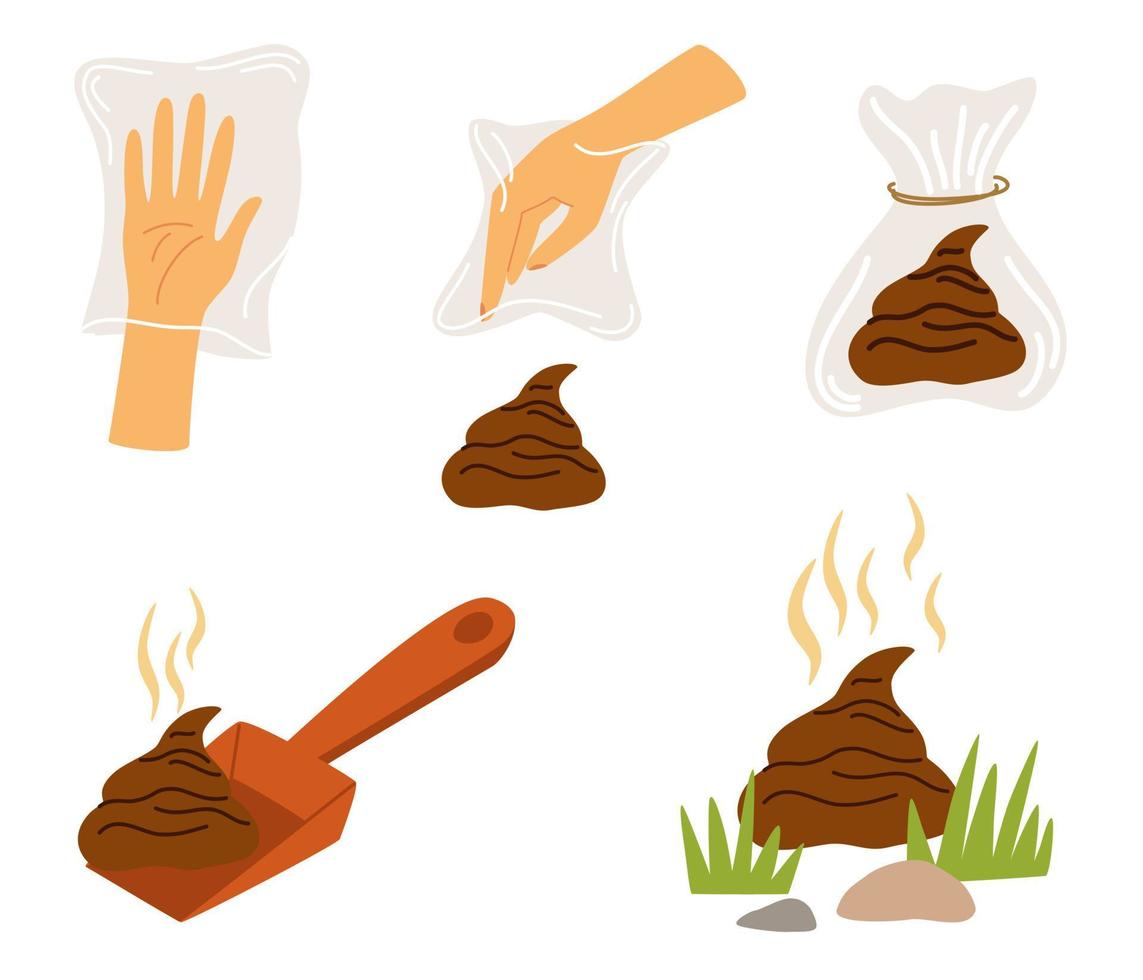 Cleaning for the dog set. Hygienic dog bag with poop icon. Cleaning the park after walking pets concept. Hand draw Vector illustration isolated on the white background.
