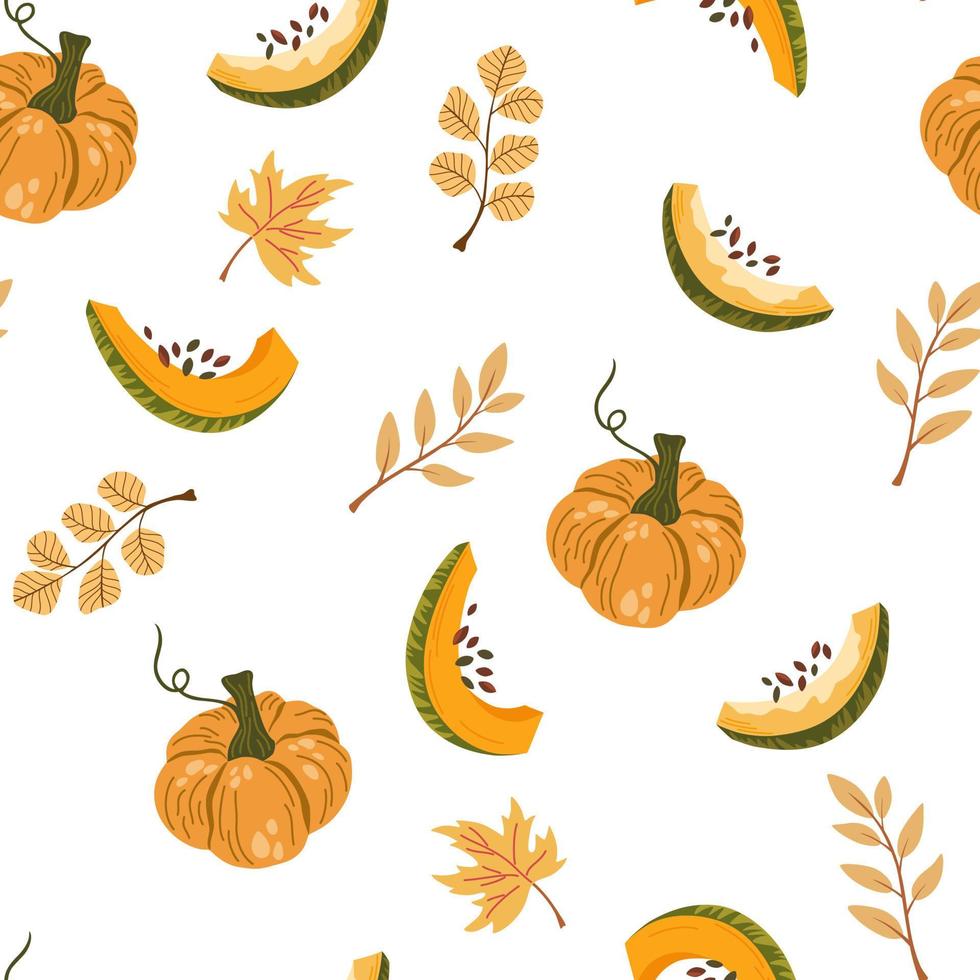 Pumpkins seamless pattern. Autumn, fall, thanksgiving and halloween decoration.  Pumpkin shapes with leaves, half and slices. Perfect for texture for fabric, textile, wrapping paper, wallpaper. Vector