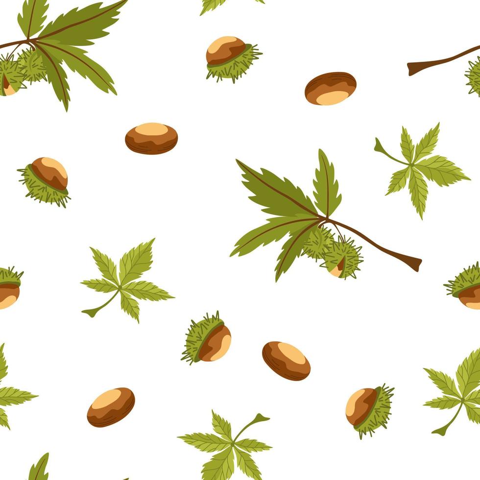 Chestnut seamless pattern. chestnut tree leaves, fruits, seeds. Autumn. Horse chestnut background. Perfect for texture for fabric, textile, wrapping paper, wallpaper. Vector