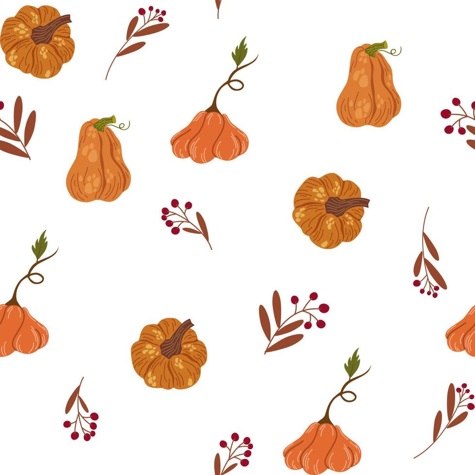 Pumpkins seamless pattern. Autumn, fall, thanksgiving and halloween decoration.  Pumpkin shapes with leaves, half and slices. Perfect for texture for fabric, textile, wrapping paper, wallpaper. Vector