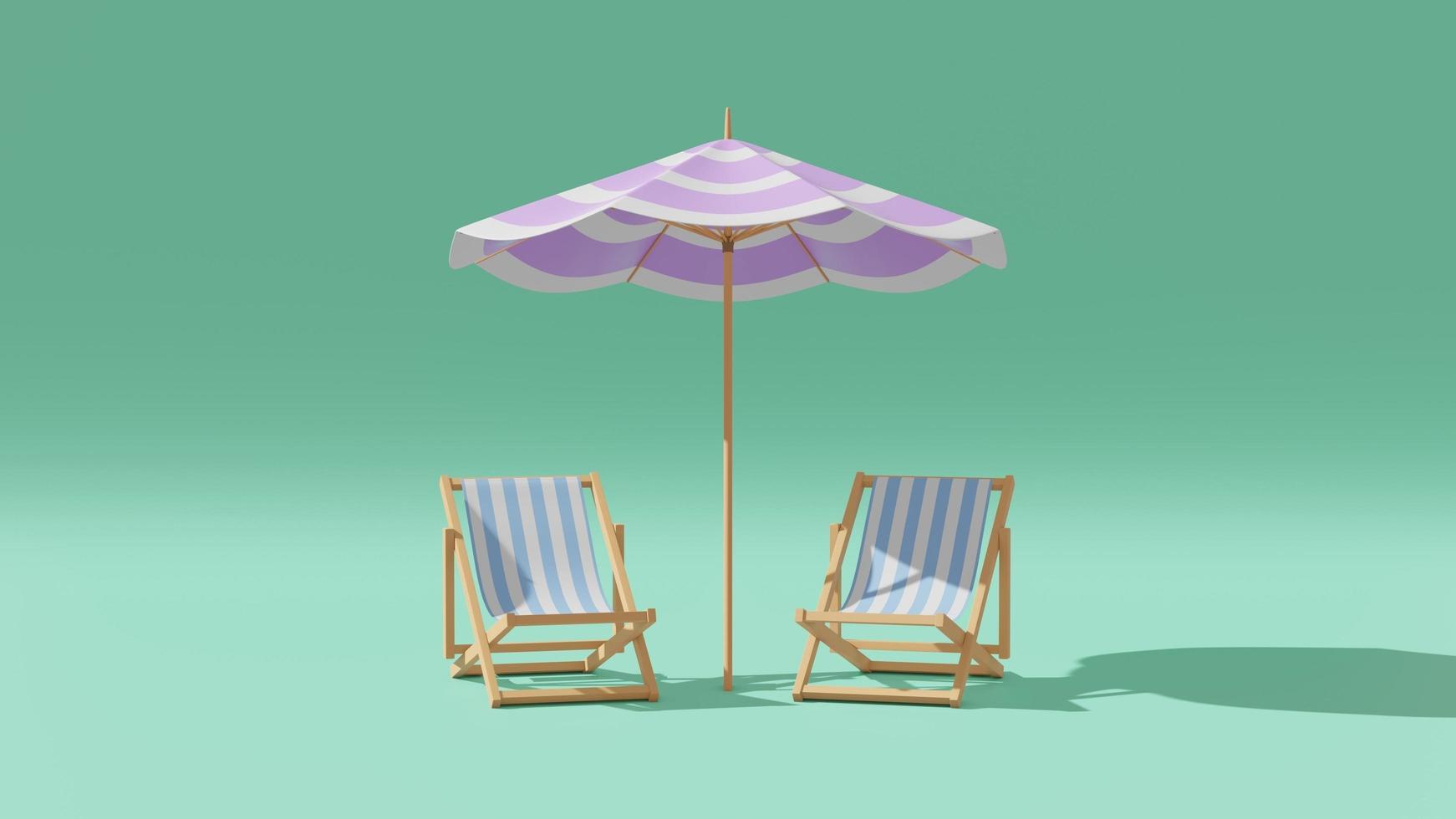3D Rendering Two Deck Chair And Beach Umbrella In Minimal Concept Summer Theme photo
