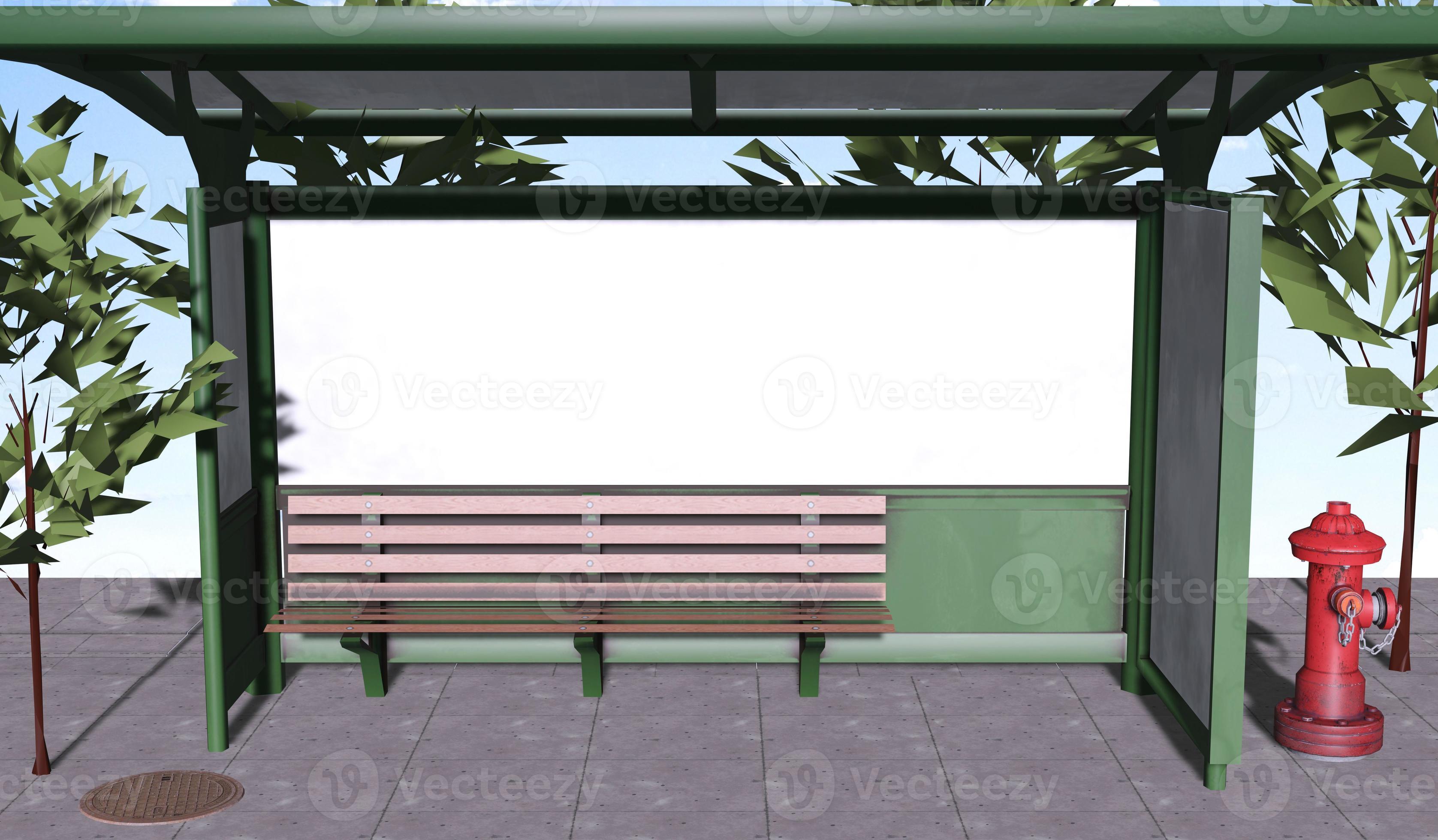 3D illustration front view bus stop and front blankboard for copy space