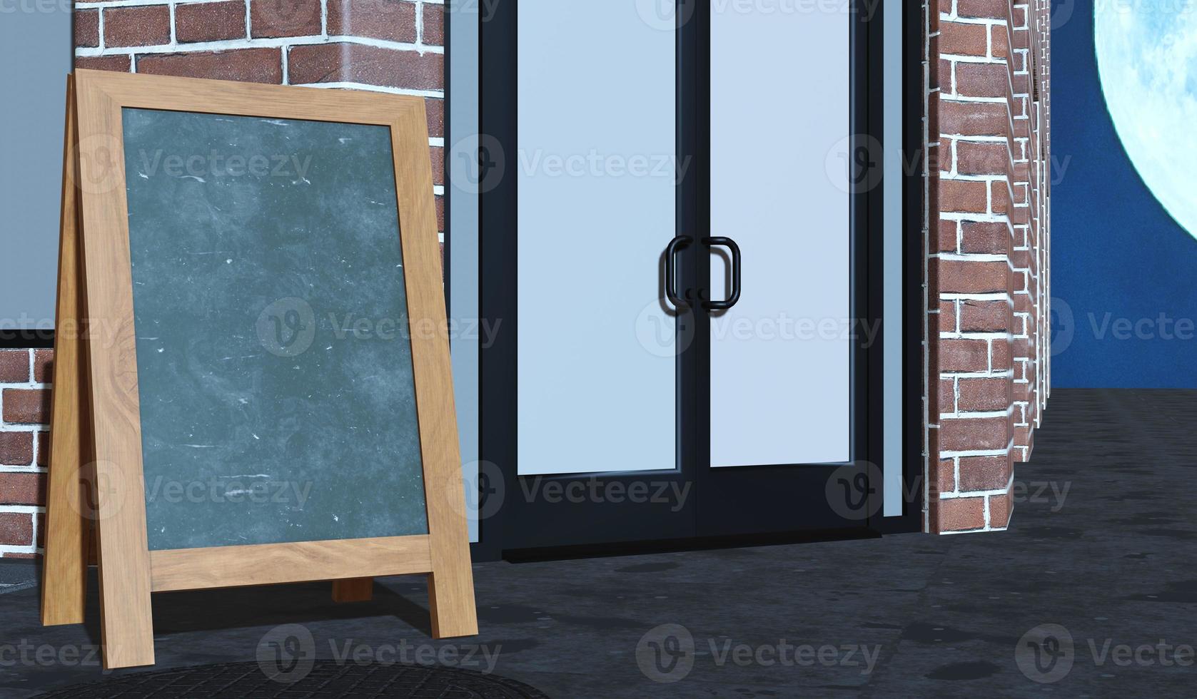3D illustration blank mini signboard in front of cafe for copy space , message, information, text , advertisement , announcement and other , 3D rendering night sky photo