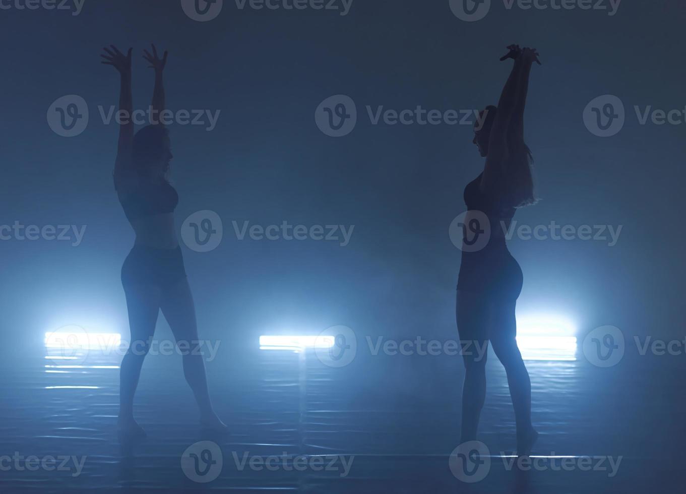couple of female athletic dance partners in a dark environment photo