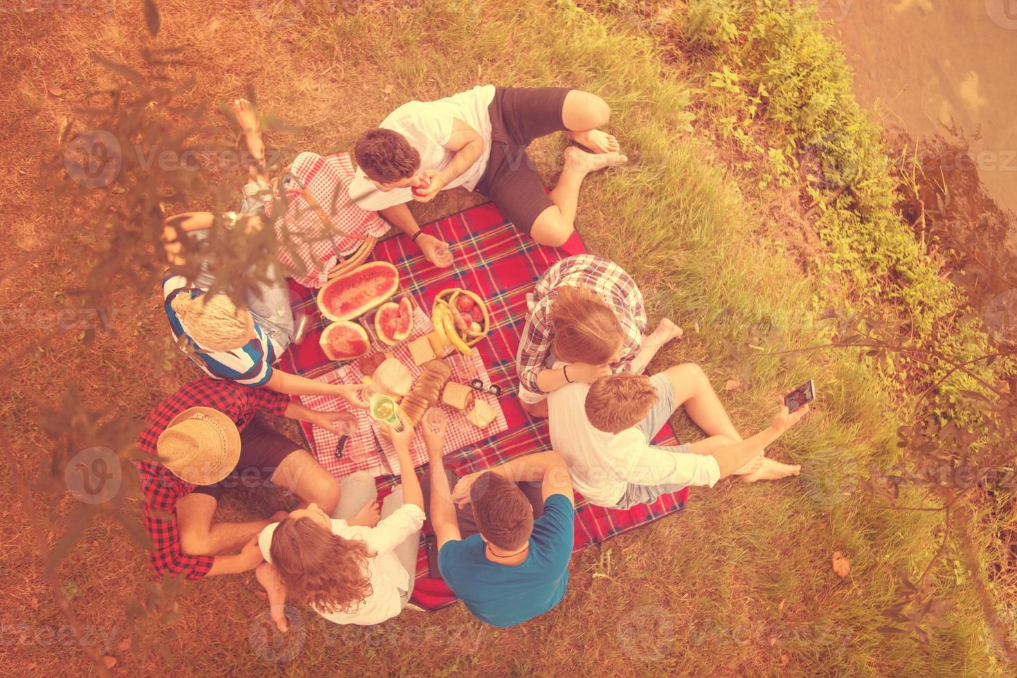 top view of group friends enjoying picnic time photo