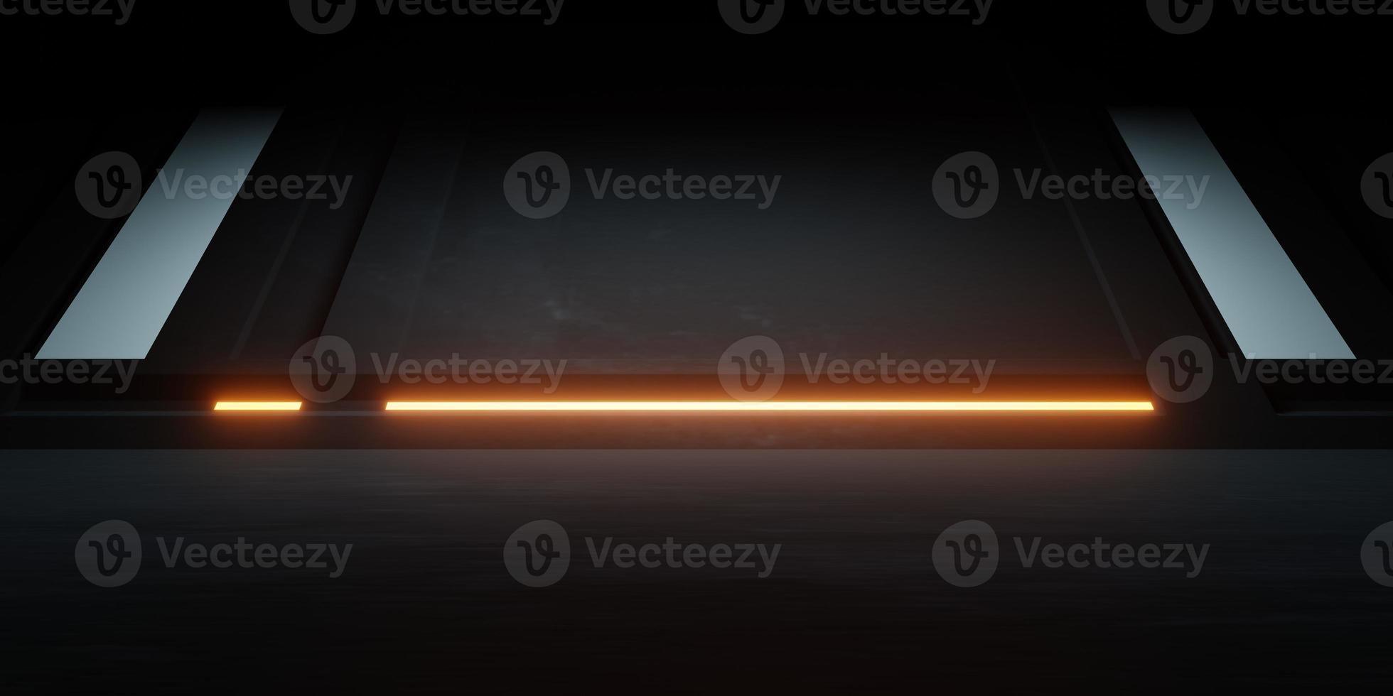 3d rendering of orange neon glowing spaceship corridor black background. Scene for advertising, showroom, technology, future, modern, sport, game, metaverse, warehouse, garage. Sci Fi Illustration photo