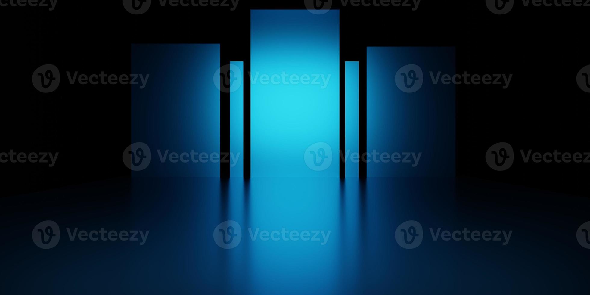 3d rendering of blue abstract spaceship corridor with neon glowing. Cyberpunk concept. Scene for advertising, showroom, technology, future, modern, interior, tunnel. Sci-Fi futuristic Illustration photo