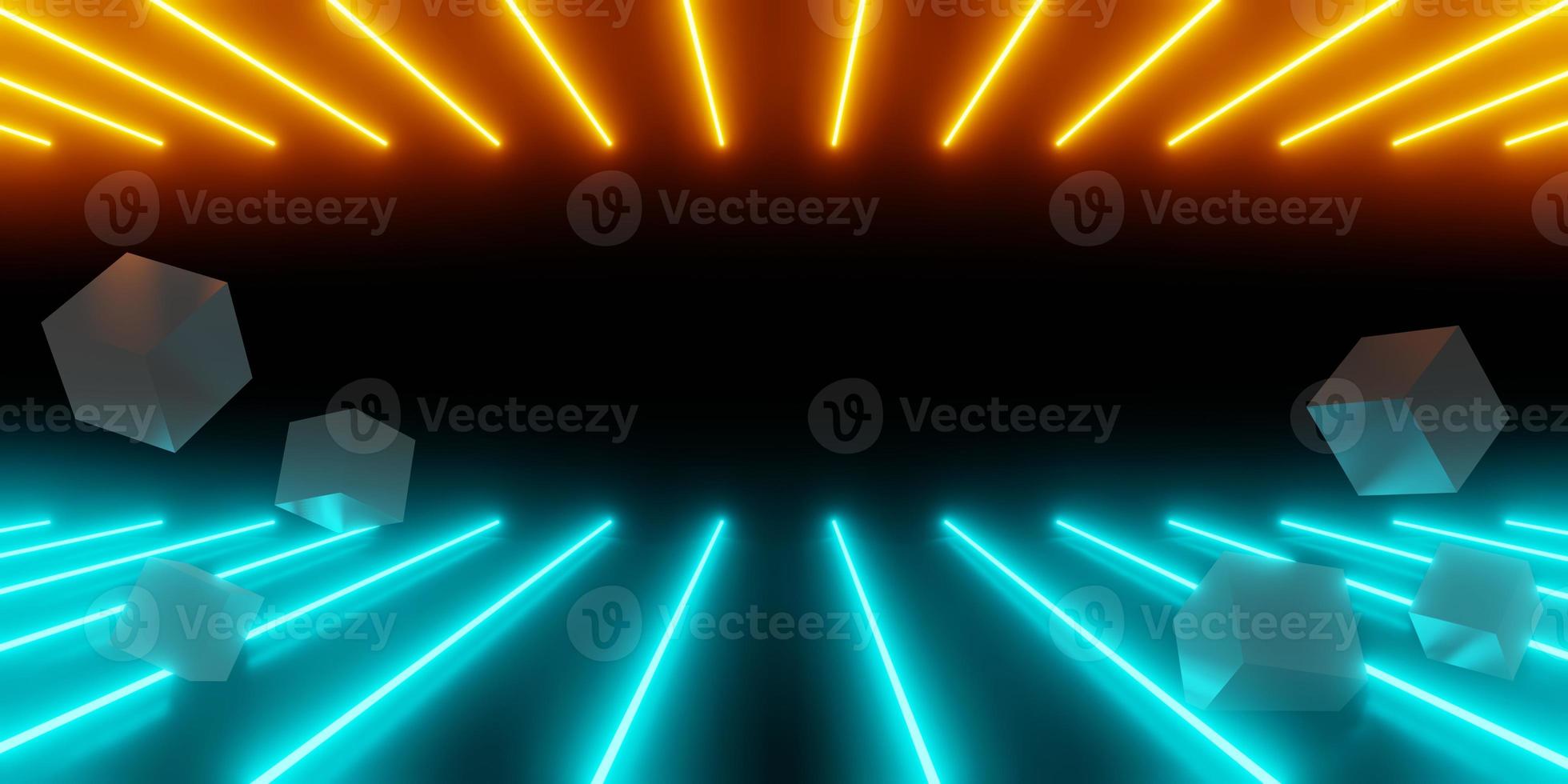 3d rendering of orange blue glowing neon light abstract background and cube shape, sci-fi room, technology concept, product display, Illustration, wallpaper photo