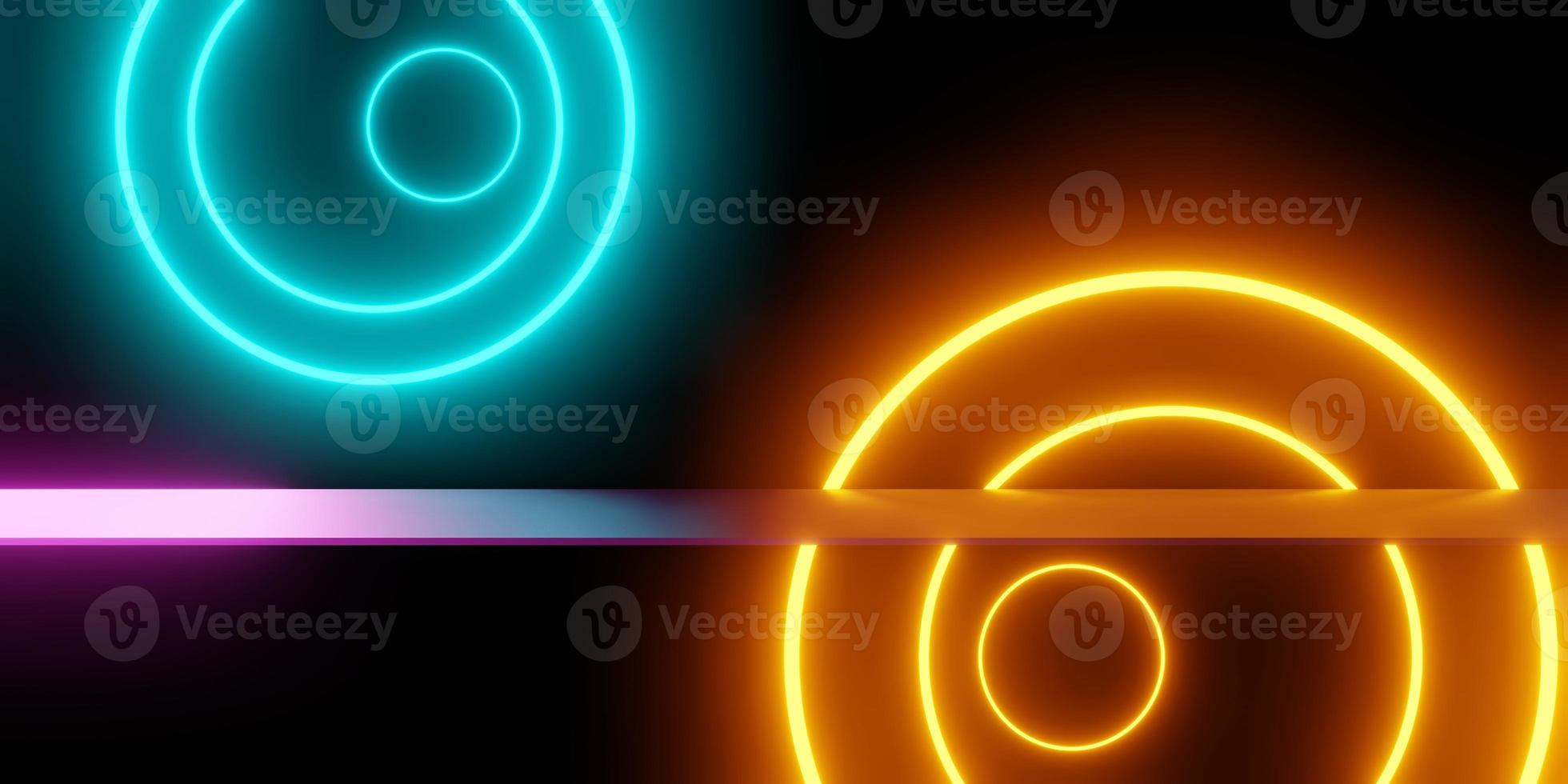 3d rendering of orange blue glowing neon light abstract circle background with empty podium, Sci-fi futuristic, technology concept, product display, Illustration, showroom, wallpaper photo