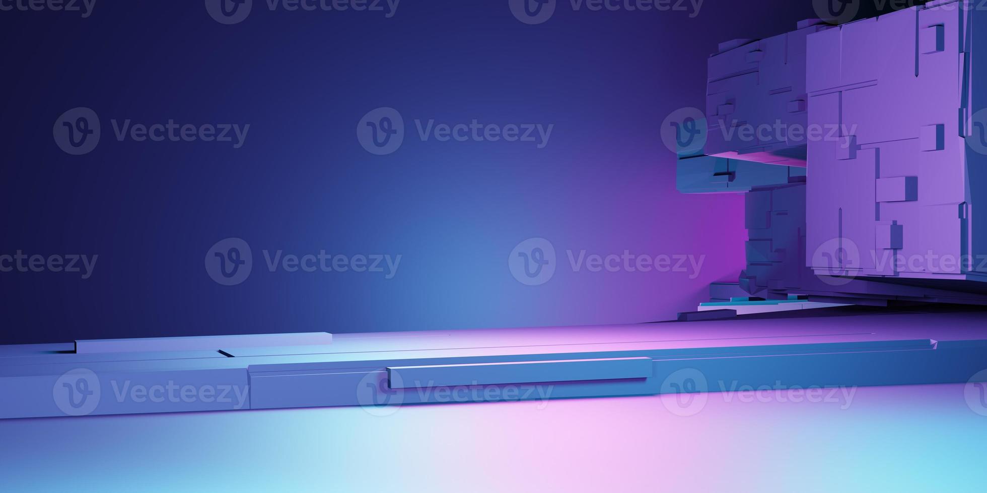 3d rendering of purple and blue abstract geometric background. Science concept. Scene for advertising, technology, showcase, banner, showroom, business, metaverse. Sci-Fi Illustration. Product display photo