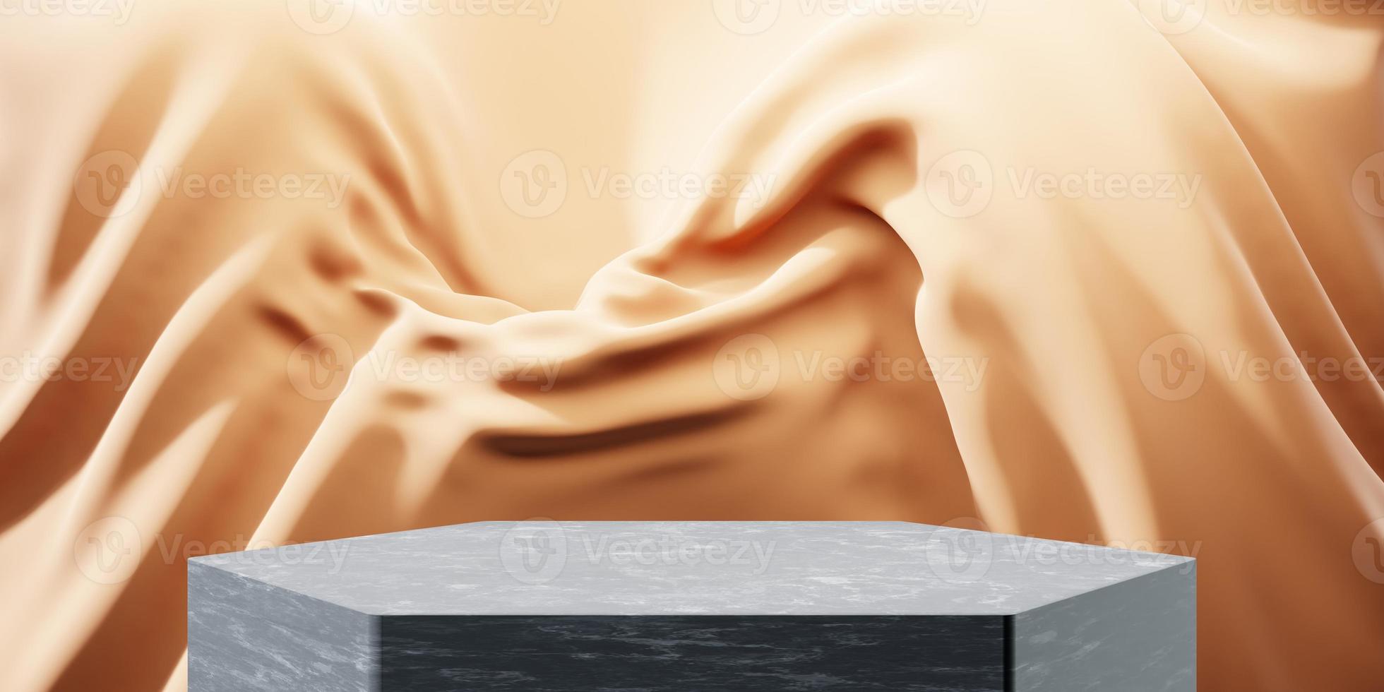 3d rendering of marble podium with brown fabric background. Scene for advertising, technology, showcase, banner, cosmetic, pedestal, fashion, business, sport, metaverse. Illustration. Product display photo
