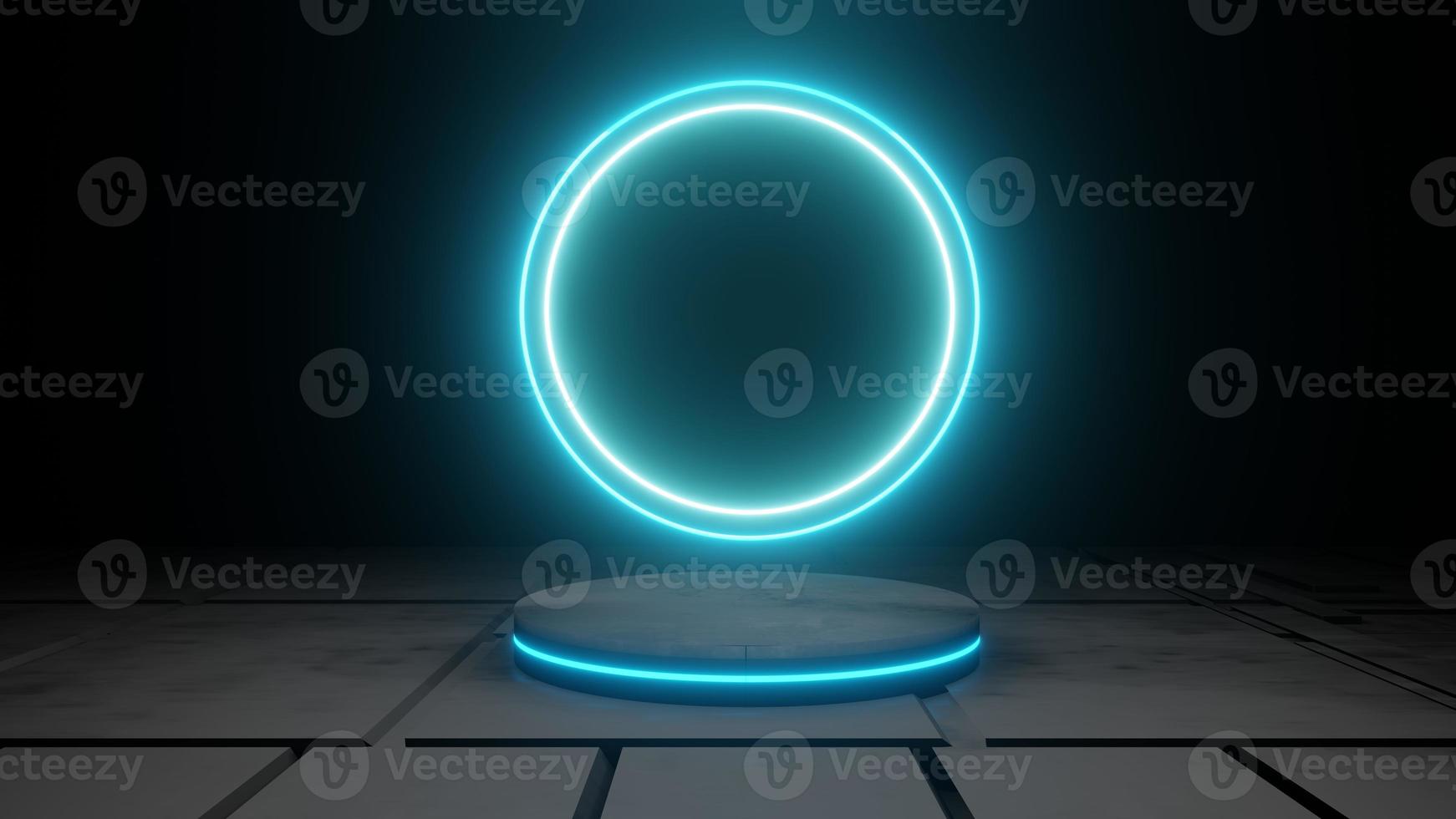 3d rendering of blue neon glowing abstract geometric background with podium. Scene for advertising, showroom, banner, technology, future, modern, sport, metaverse. Sci Fi Illustration. Product display photo