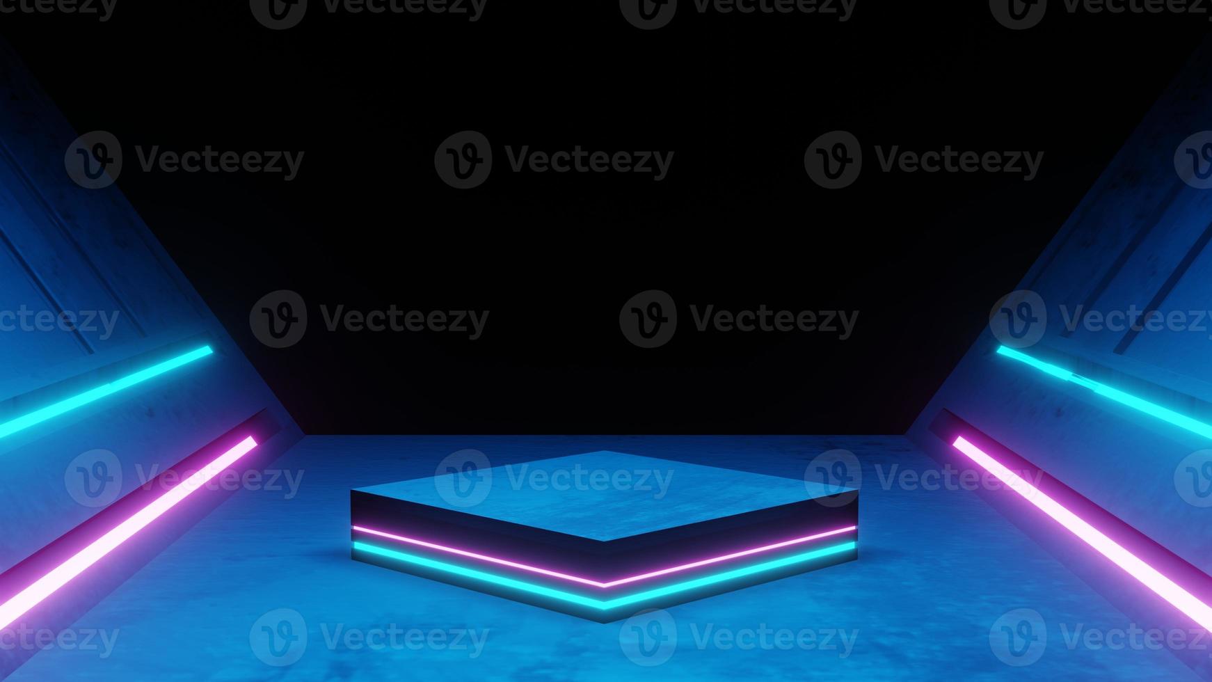 3d rendering of spaceship corridor neon glowing blue purple background futuristic. Cyberpunk concept. Scene for advertising, showroom, technology, future, modern, sport, metaverse. Sci Fi Illustration photo
