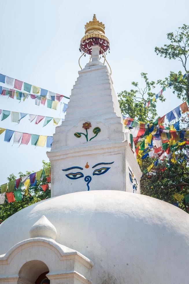 The stupa in Nepalese style located in Kathmandu, Nepal. Stupa is a dome shaped monument for storing sacred relics of the Buddha. photo