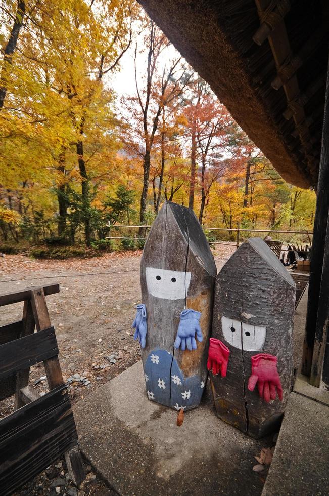 exhibición de otoño japonés de niño y niña con guantes en el pueblo patrimonial de shirakawago en japón foto