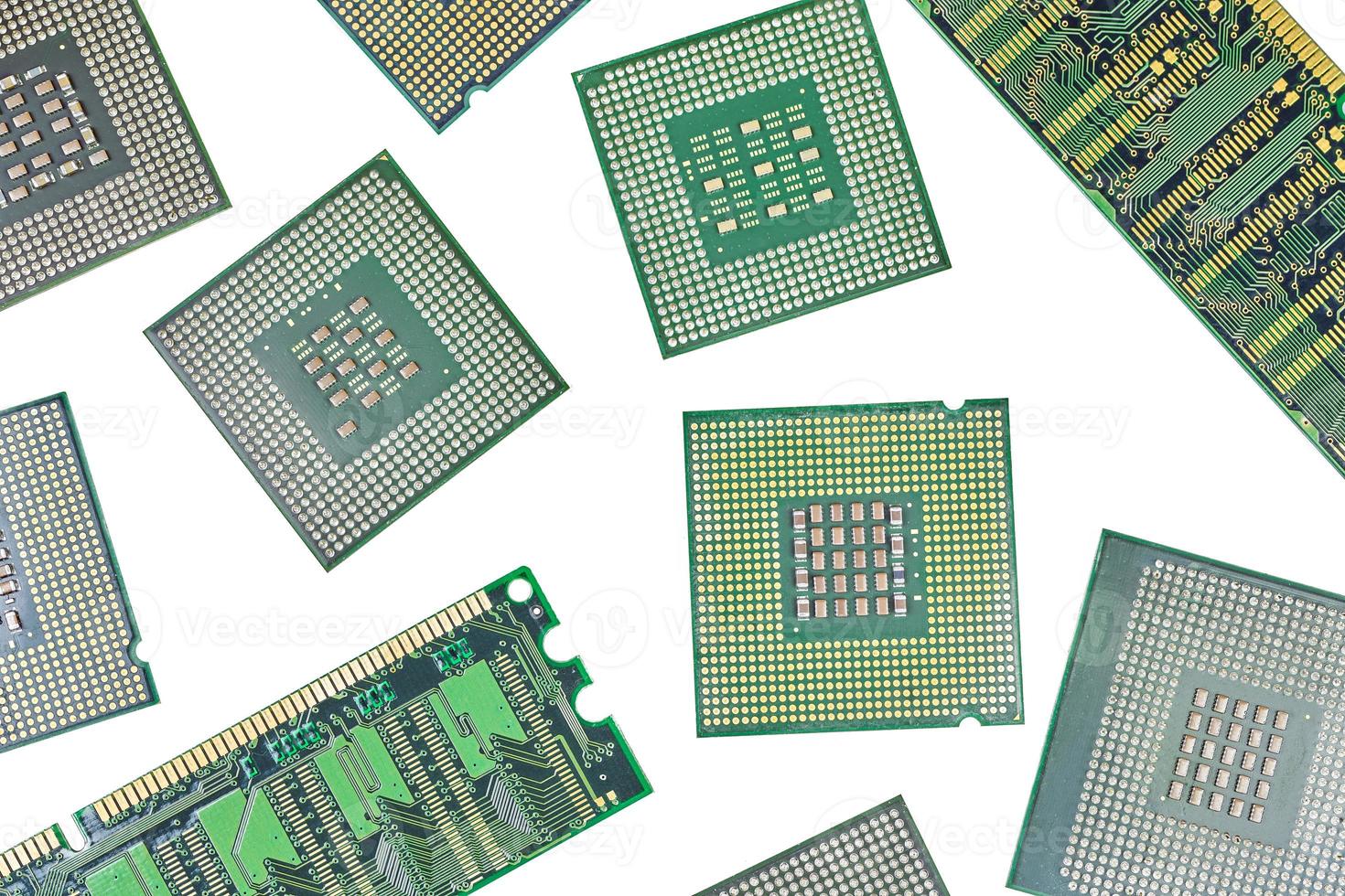 Bunch of CPU, central processor units and RAM, random-access memory, isolated background photo