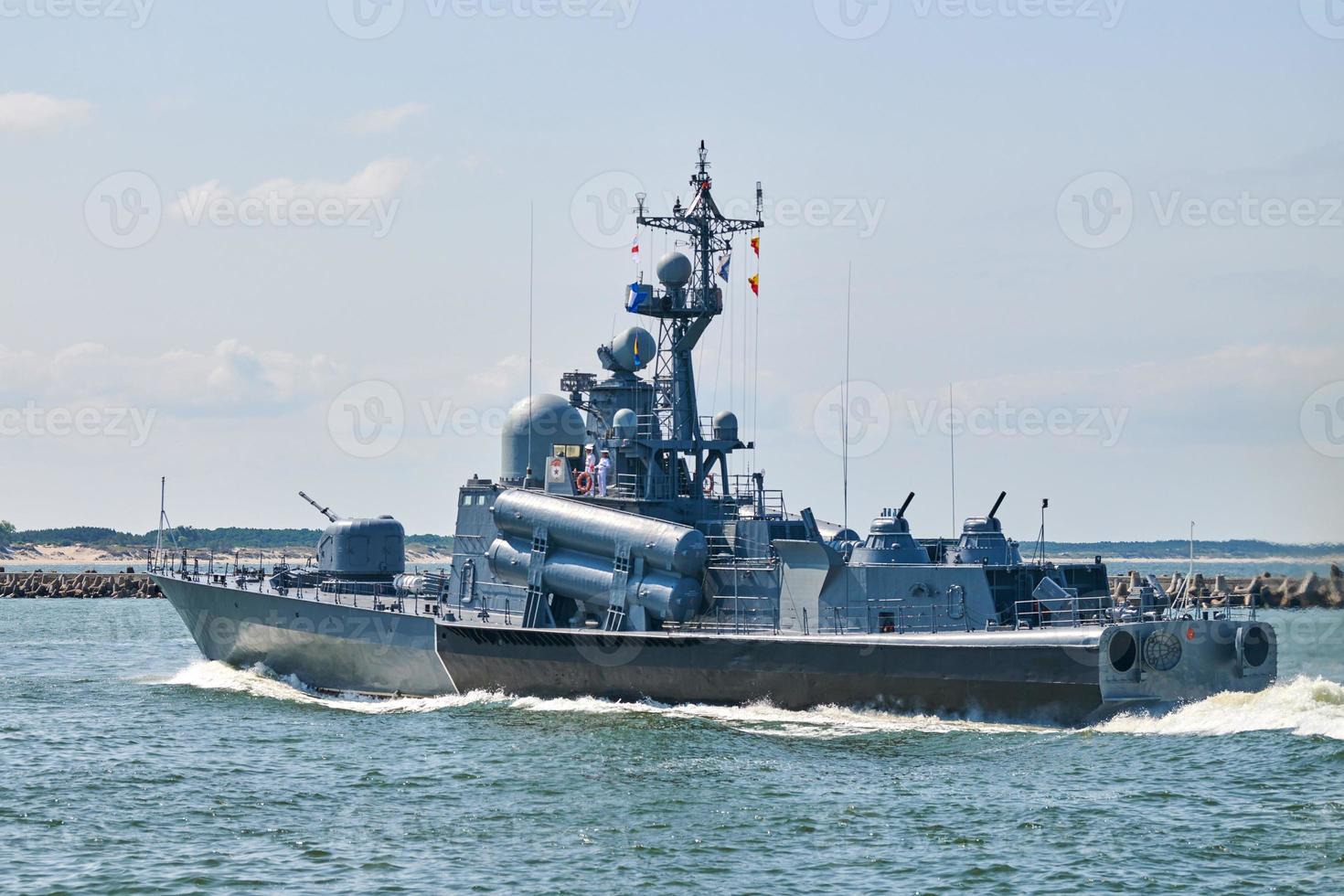 Missile boat during naval exercises and parade, guided missile destroyer in Baltic Sea, warship photo