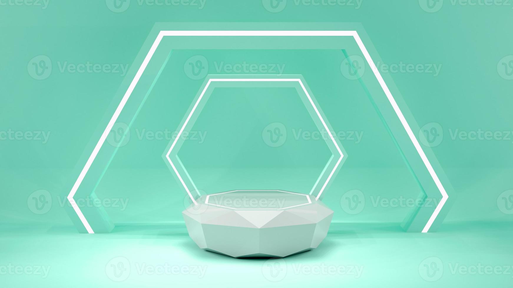 product display stands in green pastel background with hexagon background photo