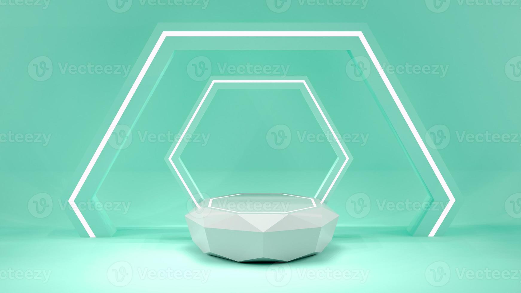 product display stands in green pastel background with hexagon background photo