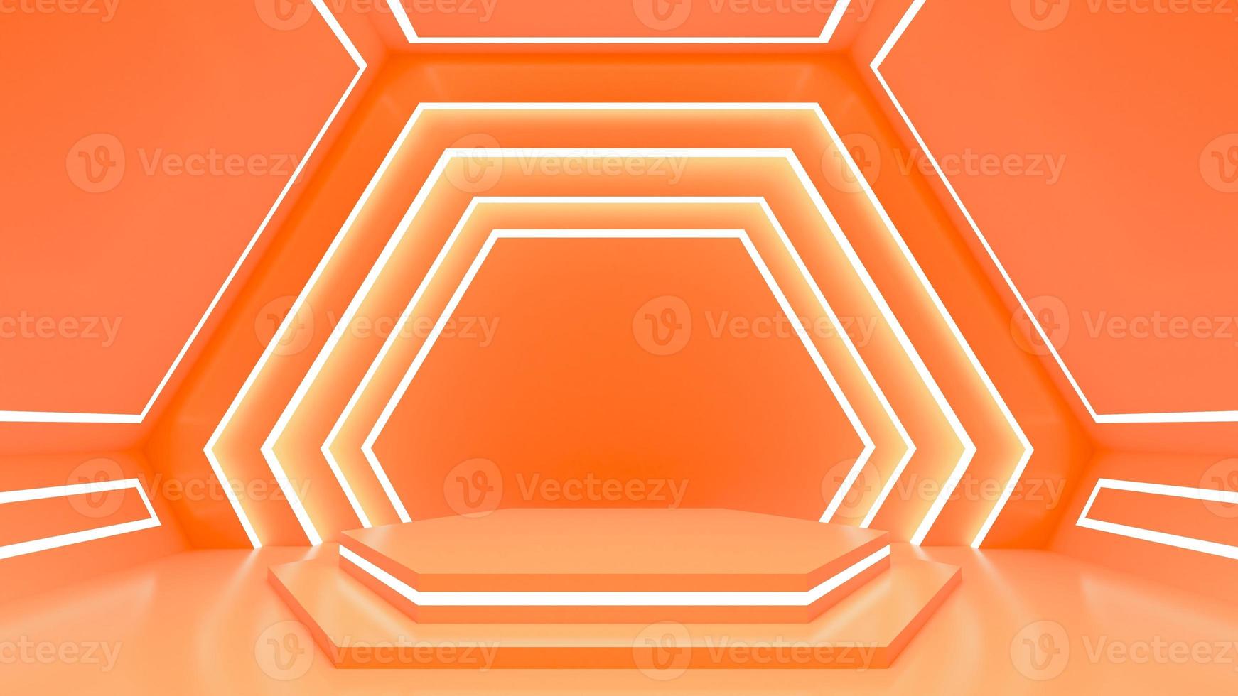 The product display stands in orange pastel background with hexagon background photo
