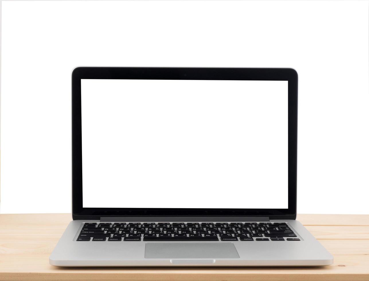 Laptop with blank white screen on white background photo